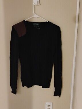 Lauren Ralph Lauren Cable Knit Faux Suede Shoulder Patch Navy Sweater Sz M